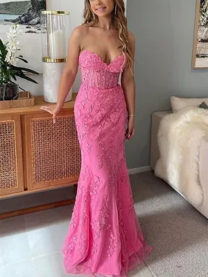 2025 Lace Mermaid Pink Prom Dresses Long Sweetheart Formal Dresses Open Back