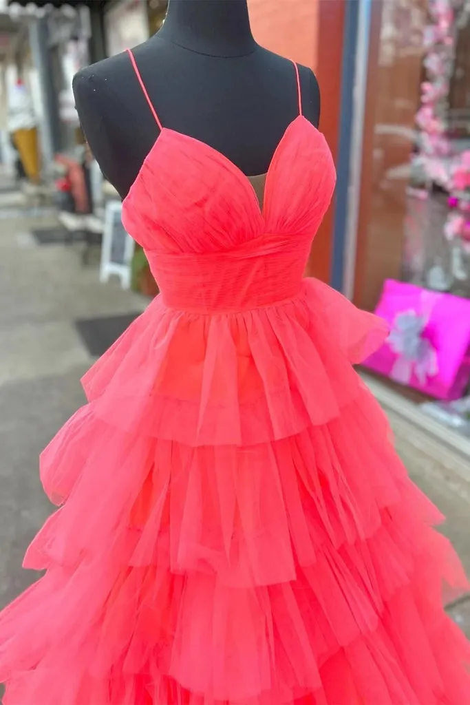 A-Line Red Layers Prom Dress Plunging V Neck Long Evening Dress