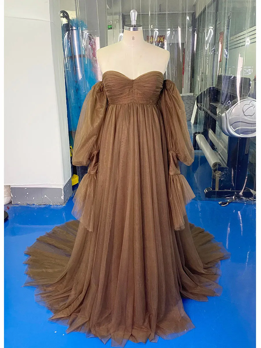 A  Line Tulle Dress for Photo Shoot Removeable Sleeves Maternity Baby Shower Dresses YW231037-1