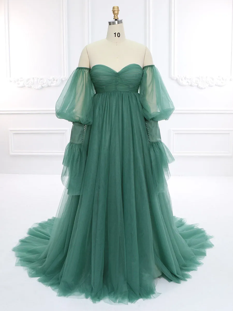 A  Line Tulle Dress for Photo Shoot Removeable Sleeves Maternity Baby Shower Dresses YW231037-1