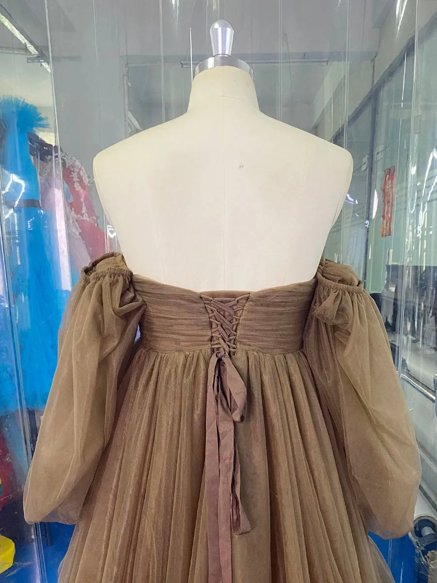 A  Line Tulle Dress for Photo Shoot Removeable Sleeves Maternity Baby Shower Dresses YW231037-1