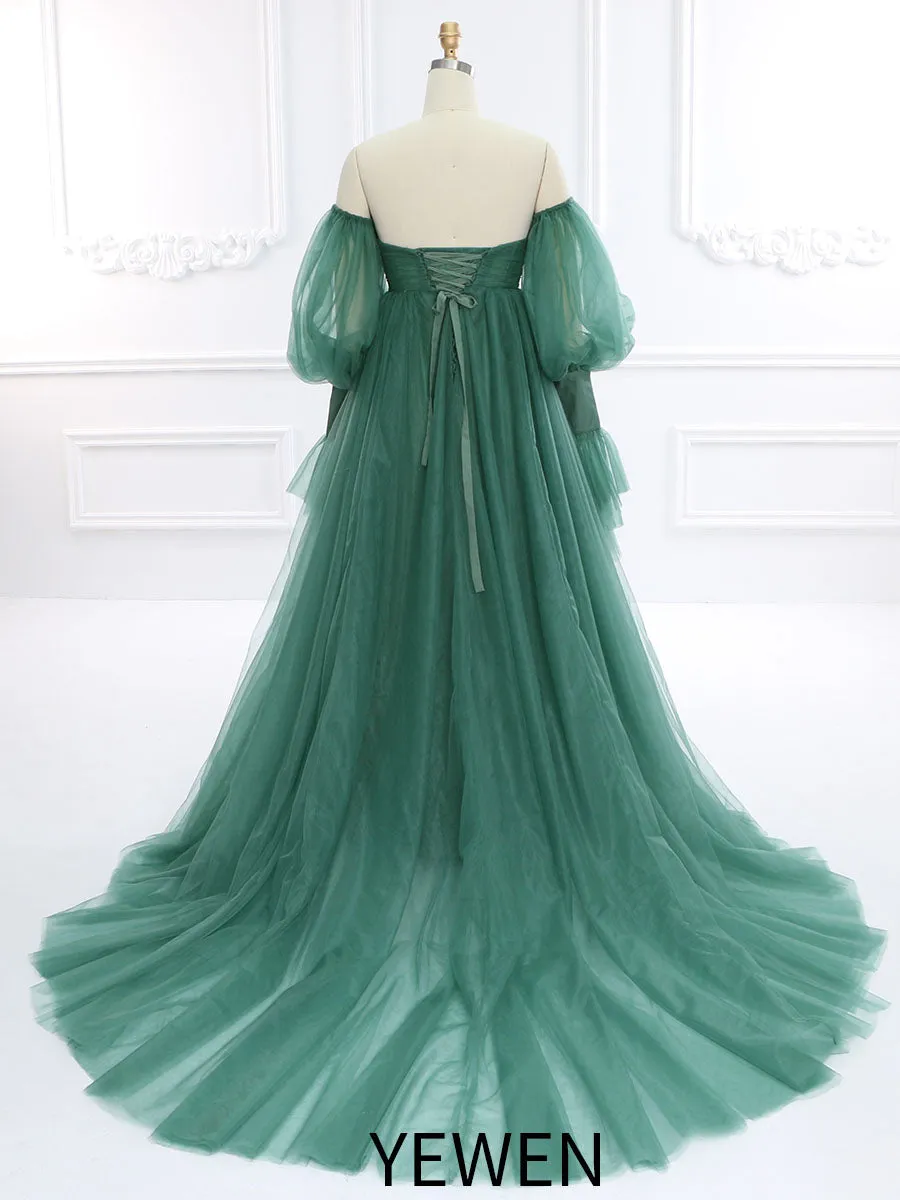 A  Line Tulle Dress for Photo Shoot Removeable Sleeves Maternity Baby Shower Dresses YW231037-1
