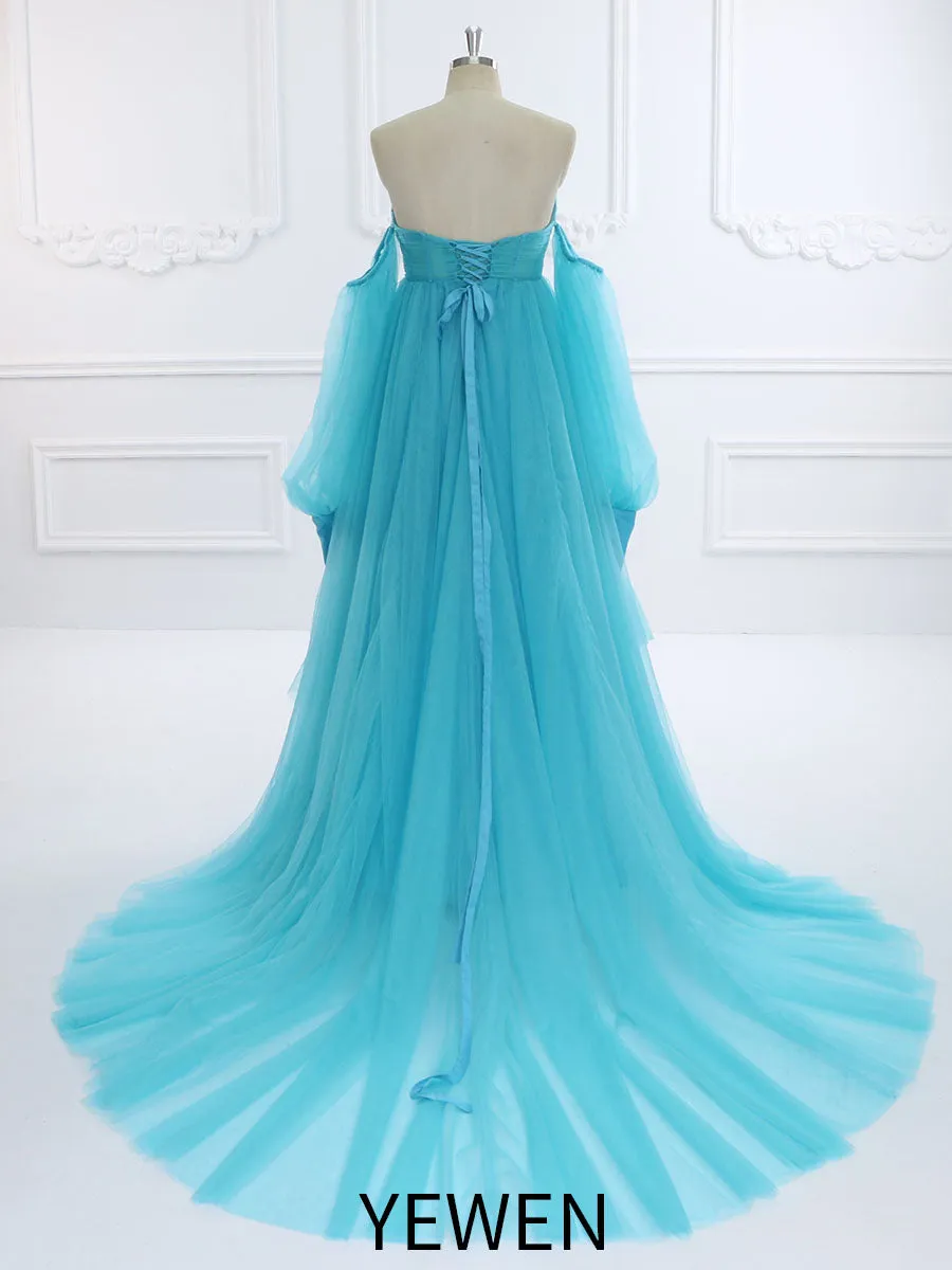 A  Line Tulle Dress for Photo Shoot Removeable Sleeves Maternity Baby Shower Dresses YW231037-1