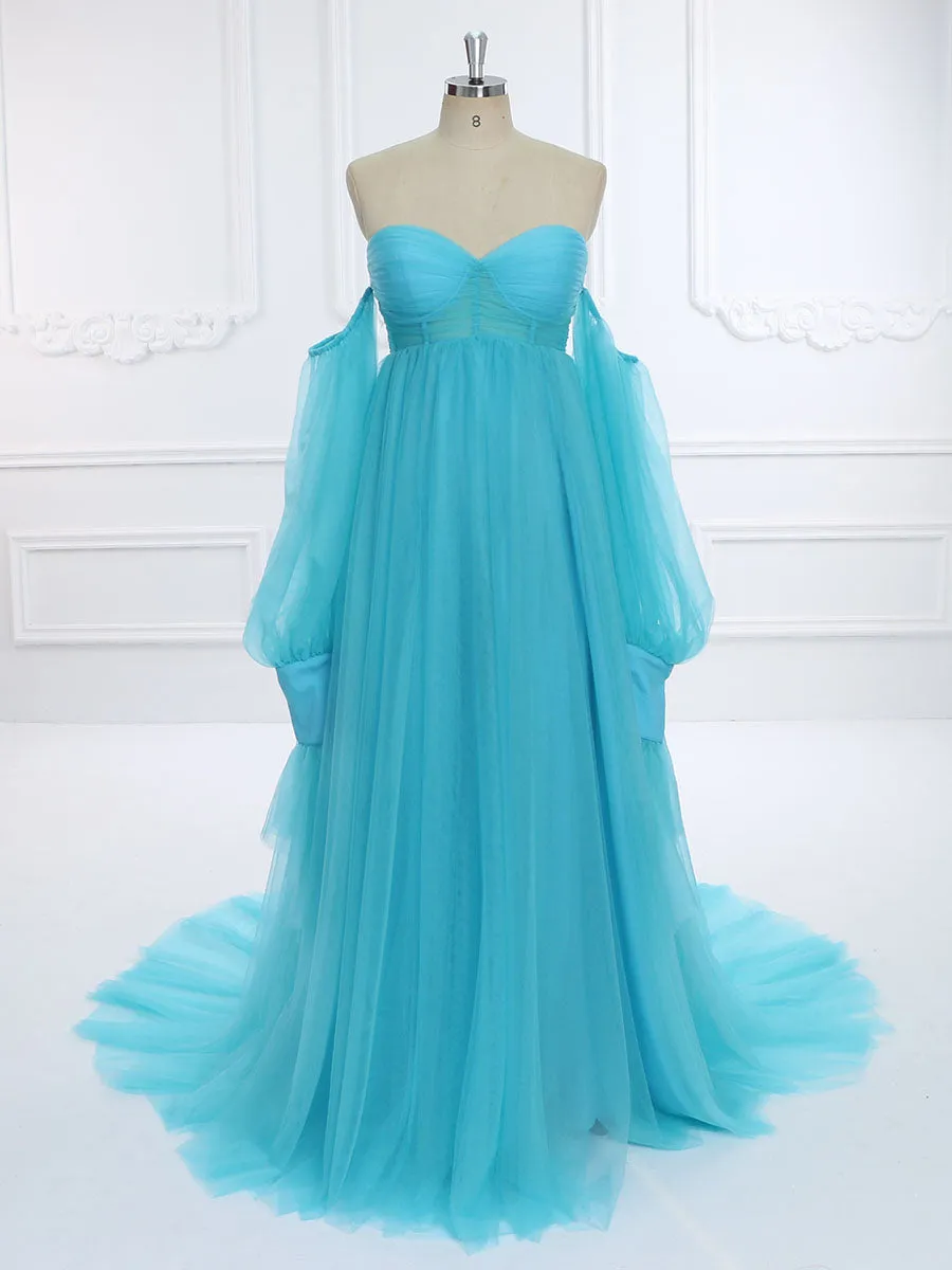 A  Line Tulle Dress for Photo Shoot Removeable Sleeves Maternity Baby Shower Dresses YW231037-1