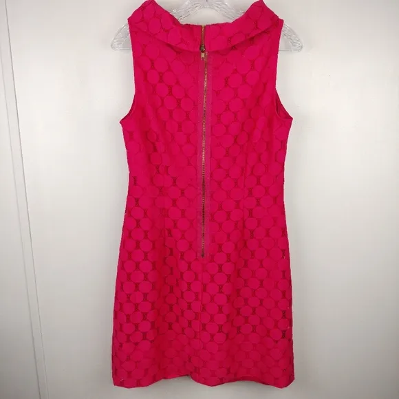 Adrianna Papell Eyelet Circle Cut Lace Overlay Boat Neck Dress in Hot Pink Sz.8