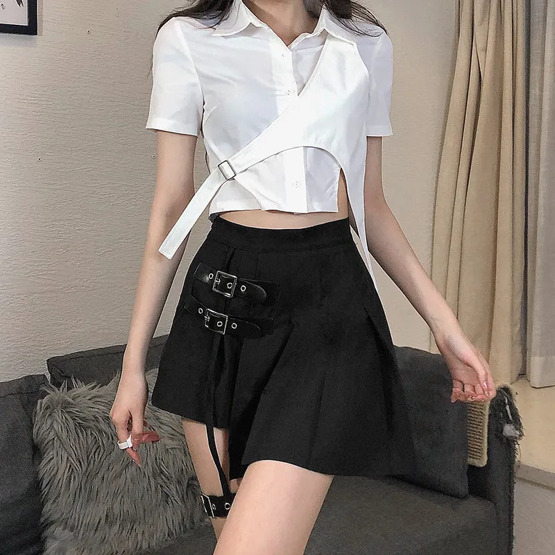 Black Asymmetrical Pleated Skirt UB98602