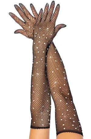 Black fishnet opera length gloves with rhinestones