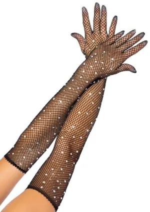 Bling Ring Rhinestone Fishnet Gloves - Black - One Size