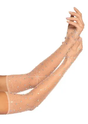 Bling Ring Rhinestone Fishnet Gloves - Nude - One Size