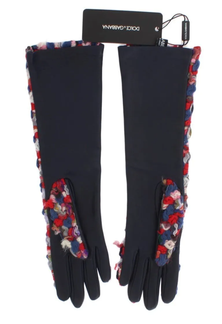 Blue Leather Multicolor Long Gloves