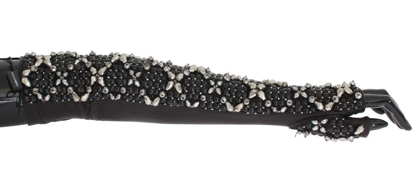 Brown Leather Black Clear Crystal Gloves