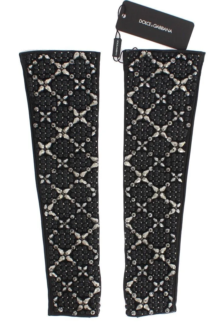 Brown Leather Black Clear Crystal Gloves