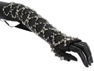 Brown Leather Black Clear Crystal Gloves