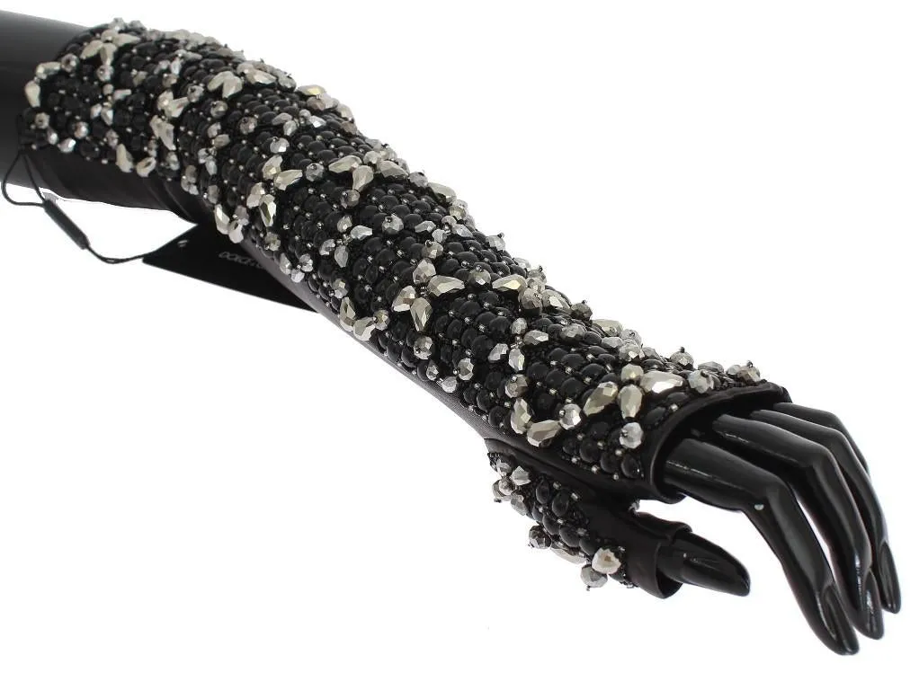 Brown Leather Black Clear Crystal Gloves