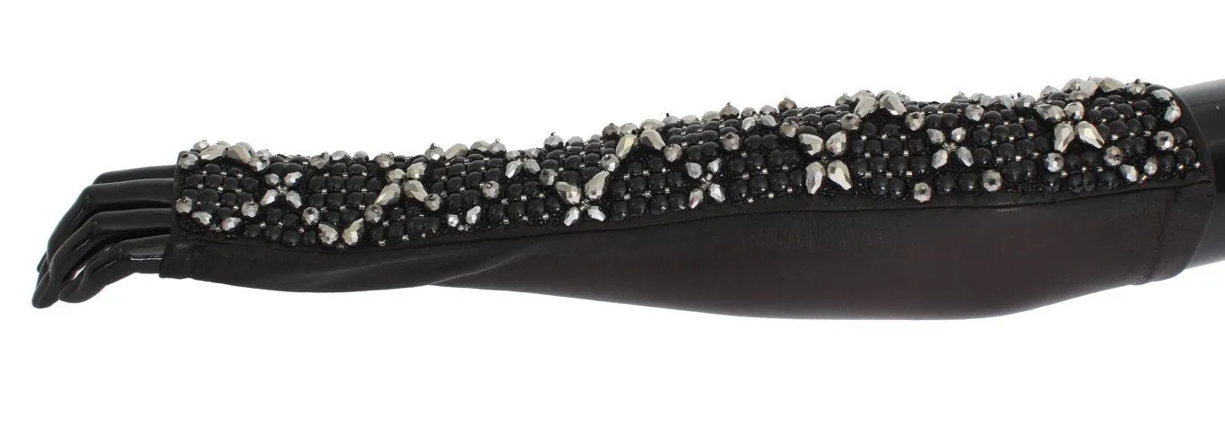 Brown Leather Black Clear Crystal Gloves