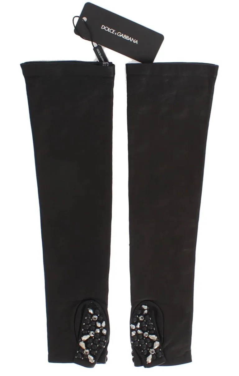 Brown Leather Black Clear Crystal Gloves