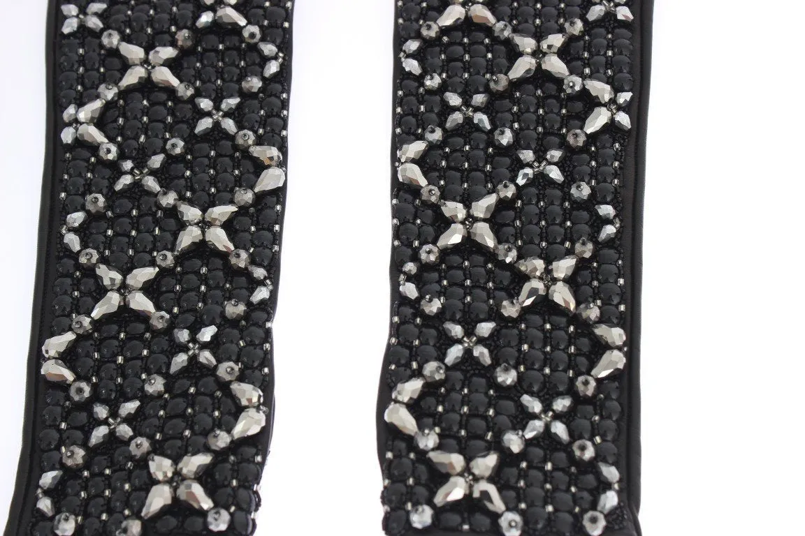 Brown Leather Black Clear Crystal Gloves