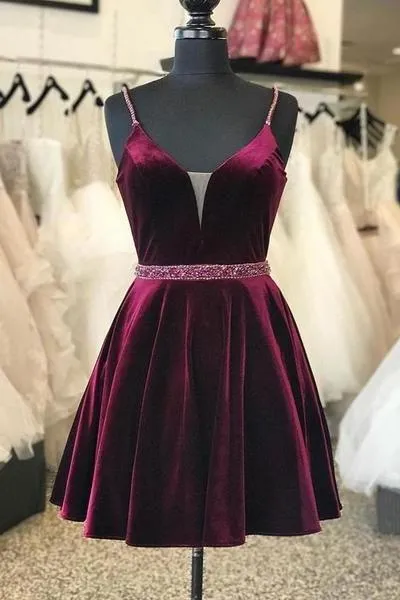Burgundy Velvet Homecoming Dress Short Plunging V-neckline