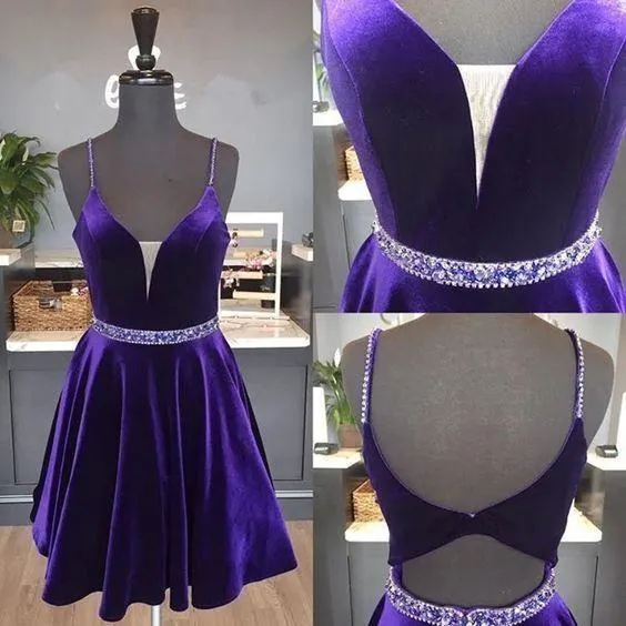 Burgundy Velvet Homecoming Dress Short Plunging V-neckline