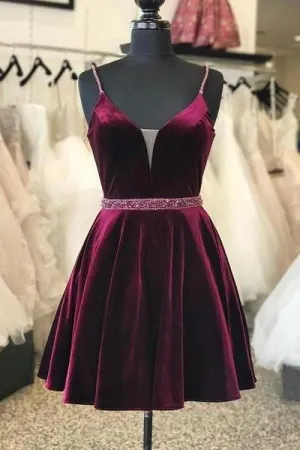 Burgundy Velvet Homecoming Dress Short Plunging V-neckline