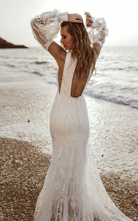 Casual Lace Plunging Neckline Mermaid Wedding Dress With Long Sleeve And Open Back-716322