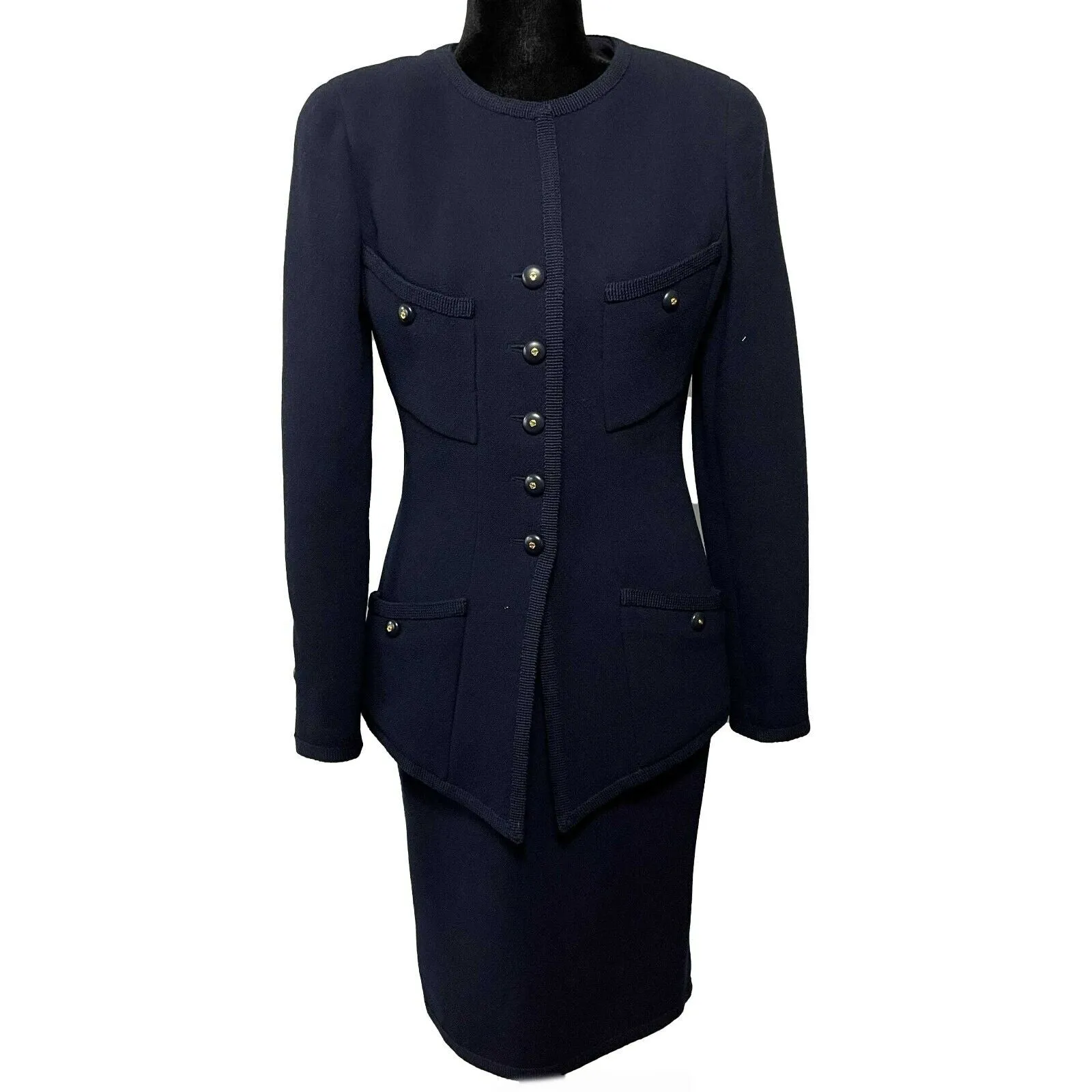 CHANEL - Vintage Navy Suit CC Buttons - Jacket / Skirt Set 40 US 8