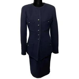 CHANEL - Vintage Navy Suit CC Buttons - Jacket / Skirt Set 40 US 8
