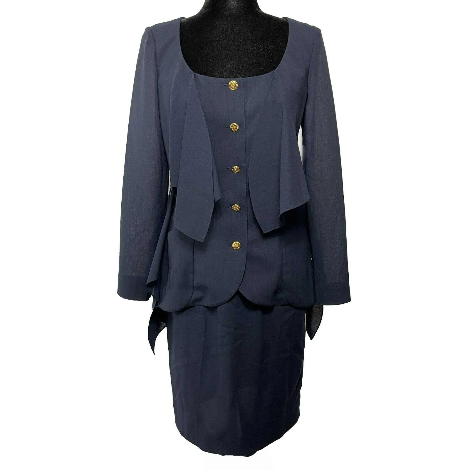 CHANEL - Wool Suit Cascade Jacket and Skirt - CC Buttons - Navy / Gold 36 US 6