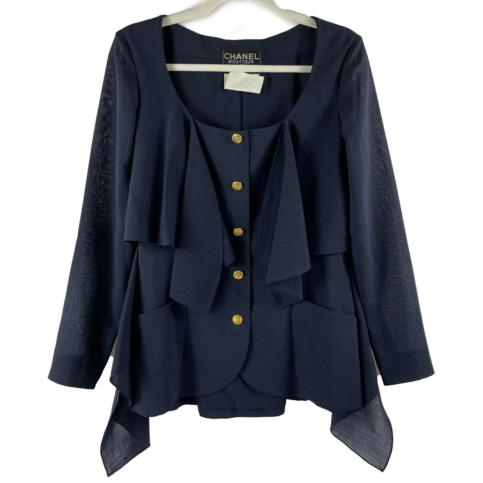 CHANEL - Wool Suit Cascade Jacket and Skirt - CC Buttons - Navy / Gold 36 US 6