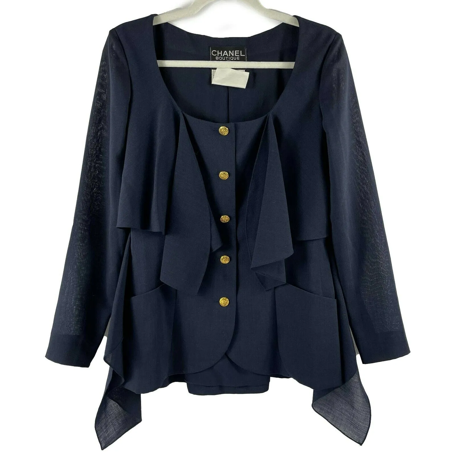 CHANEL - Wool Suit Cascade Jacket and Skirt - CC Buttons - Navy / Gold 36 US 6