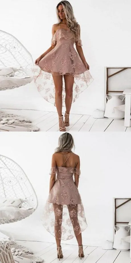 Cheap Modest Freshman Spaghetti Straps High-Low Blush Lace Prom Homecoming Dresses,BD0258