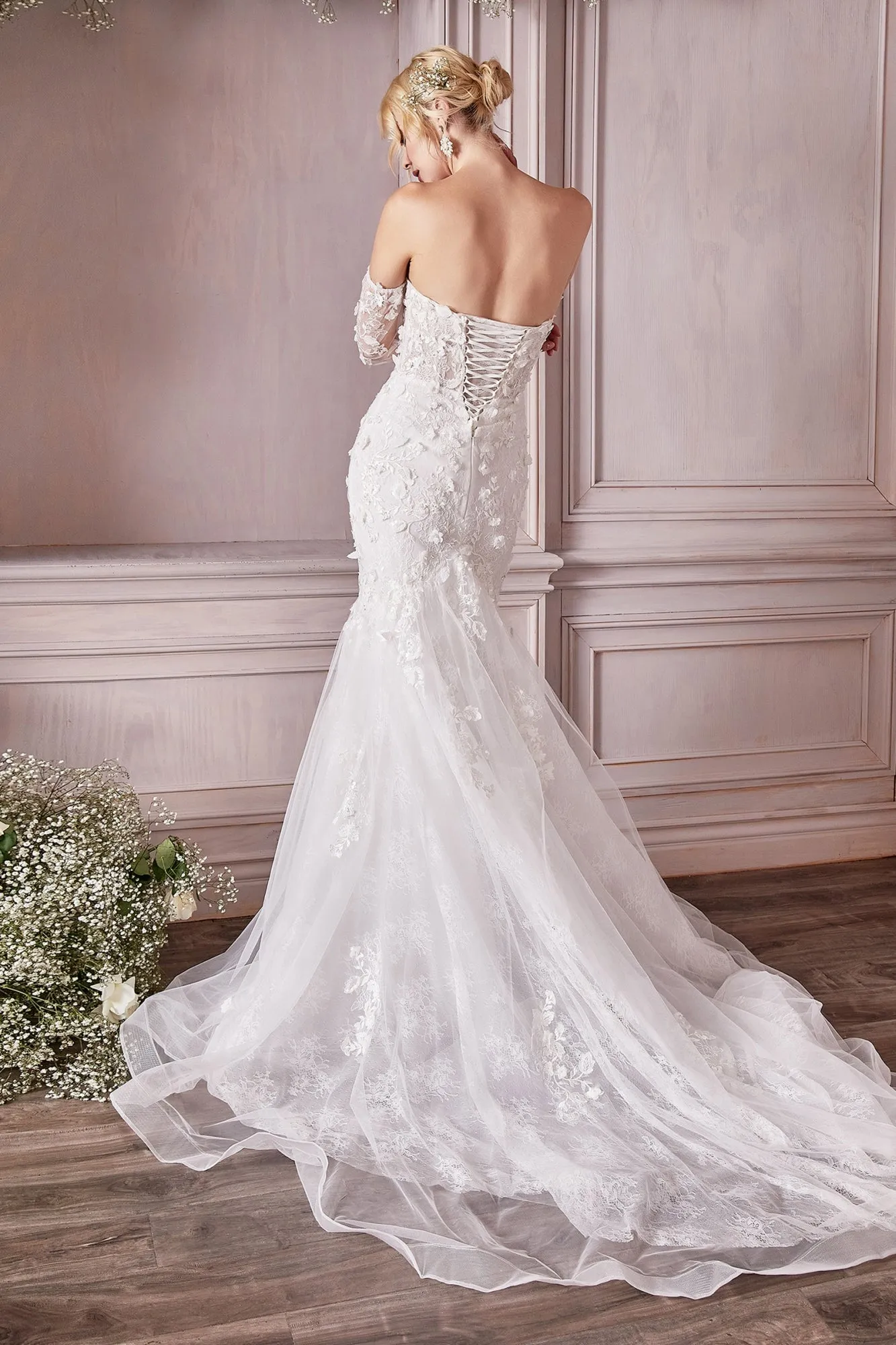 Cinderella Divine CD977W Long Sleeve Lace Bridal Gown