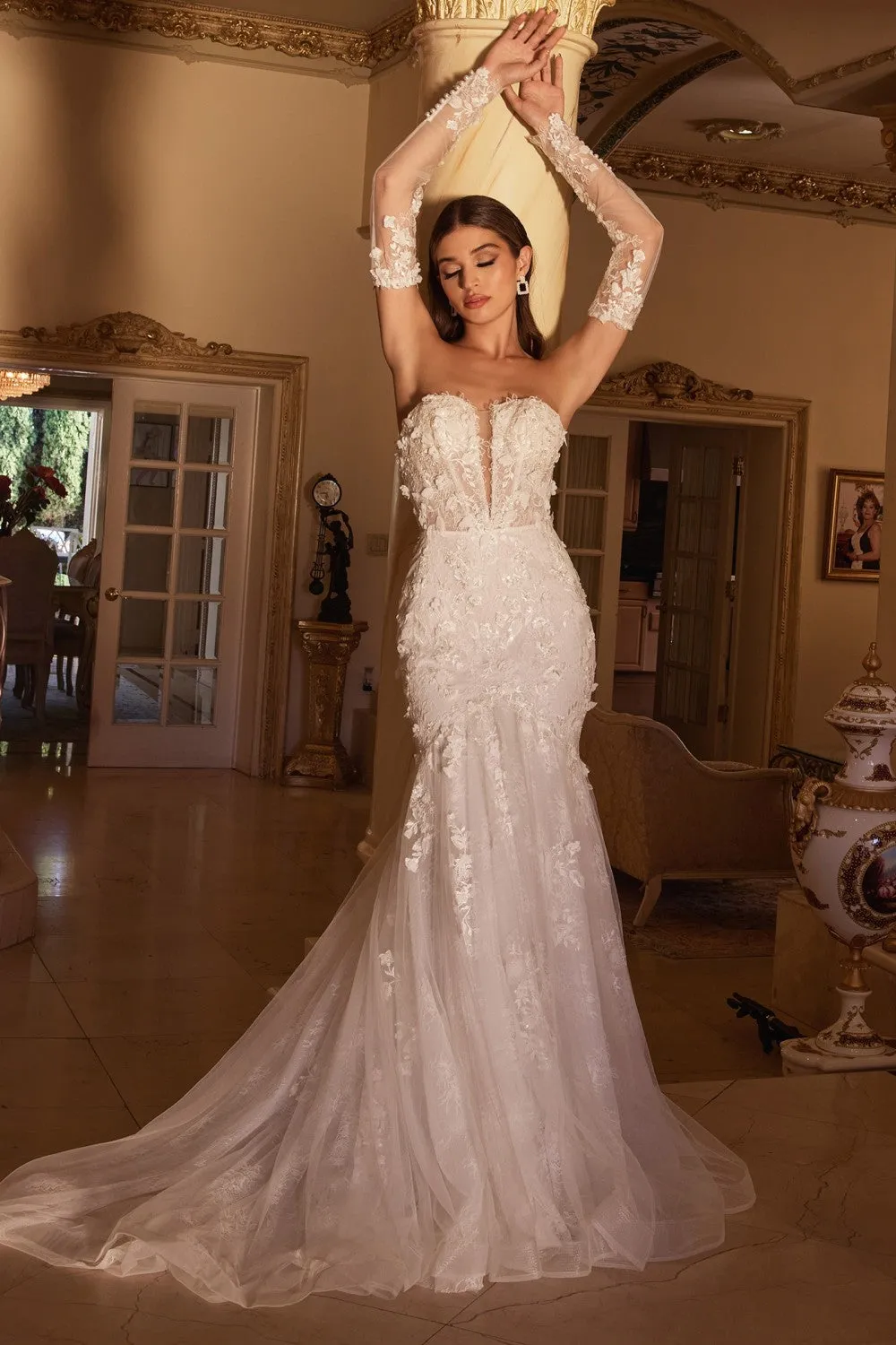Cinderella Divine CD977W Long Sleeve Lace Bridal Gown