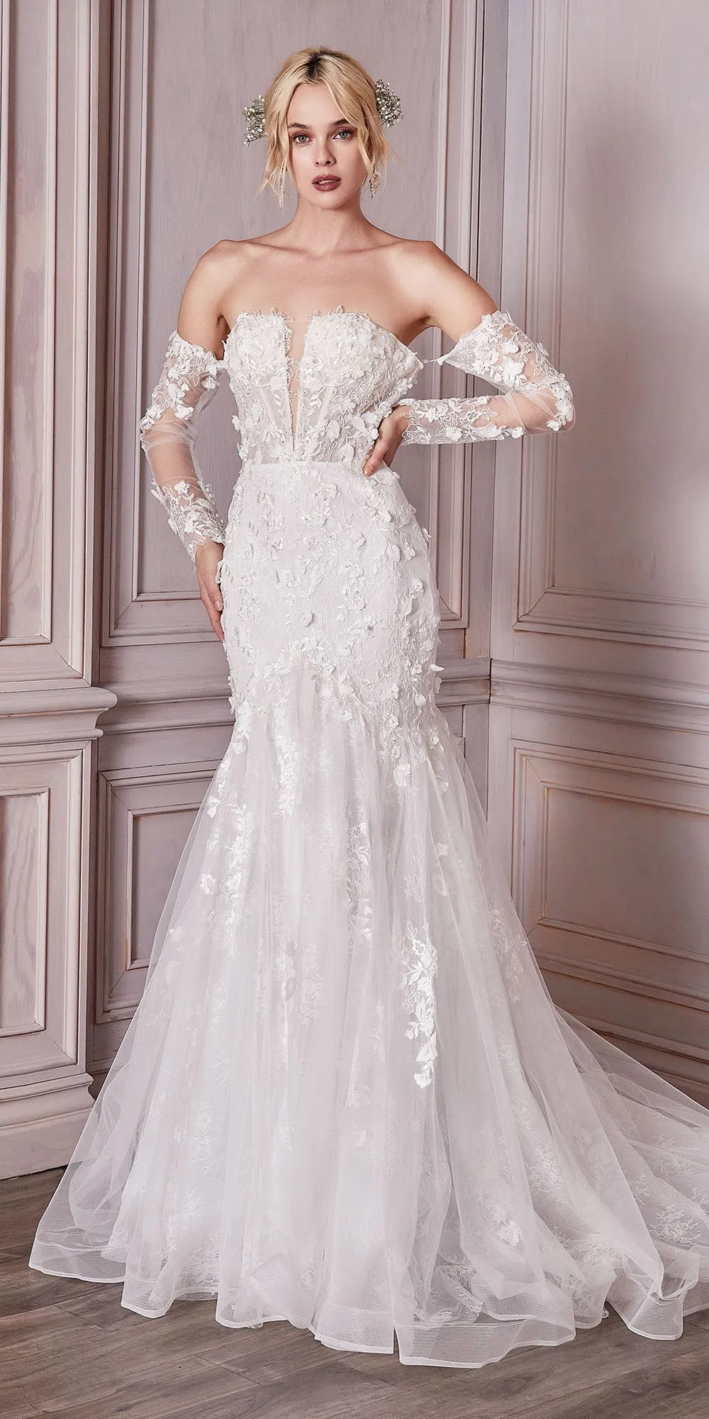 Cinderella Divine CD977W Long Sleeve Lace Bridal Gown