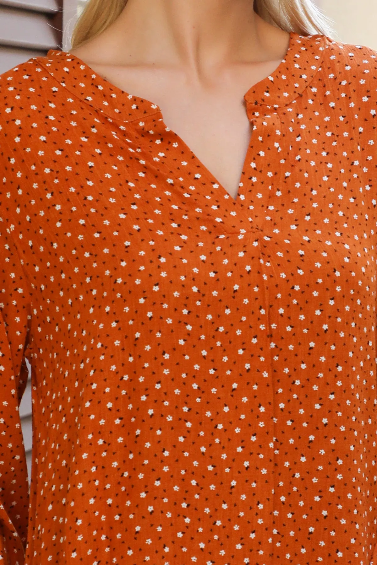 Collared Neckline Floral Long Sleeve Dress