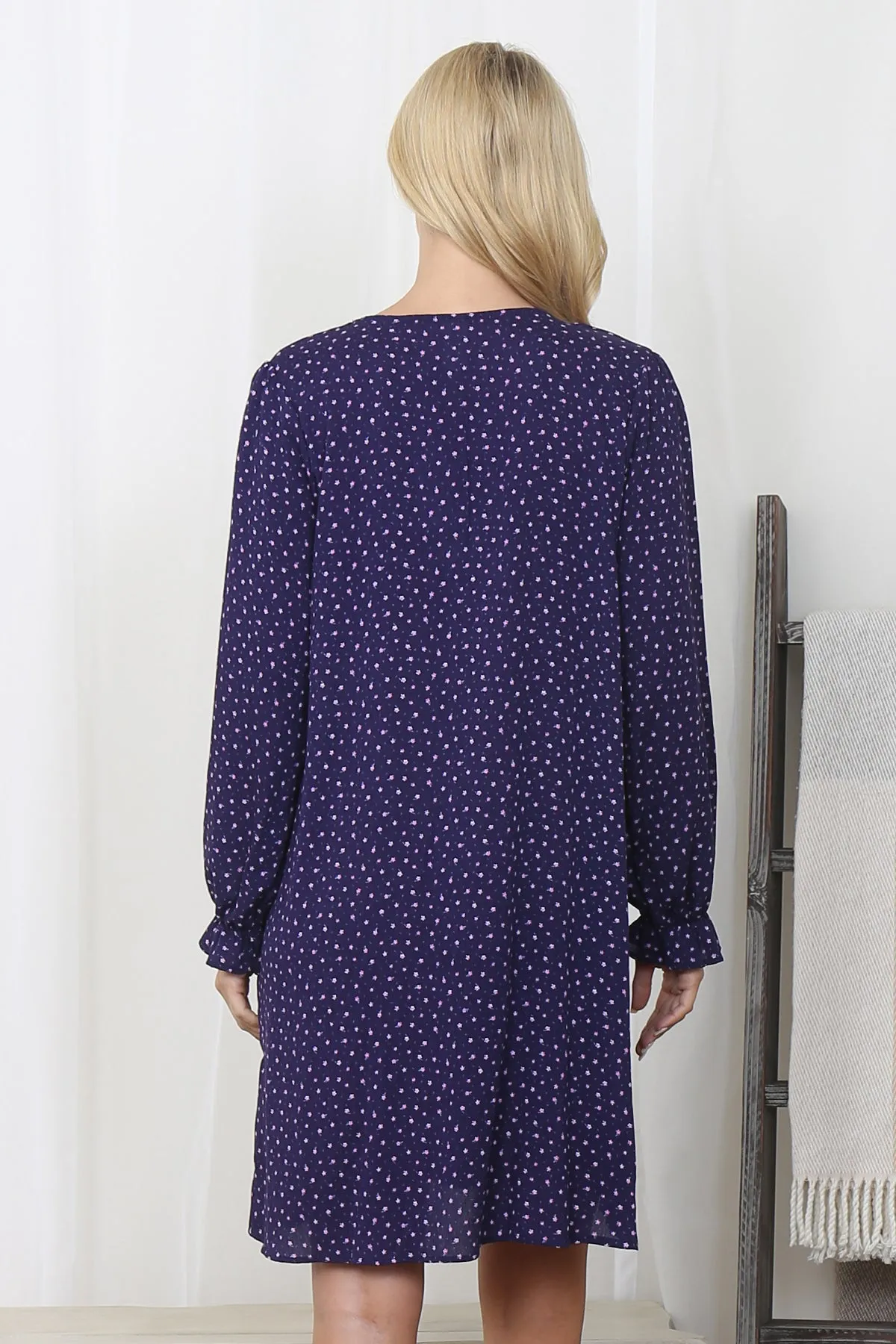 Collared Neckline Floral Long Sleeve Dress