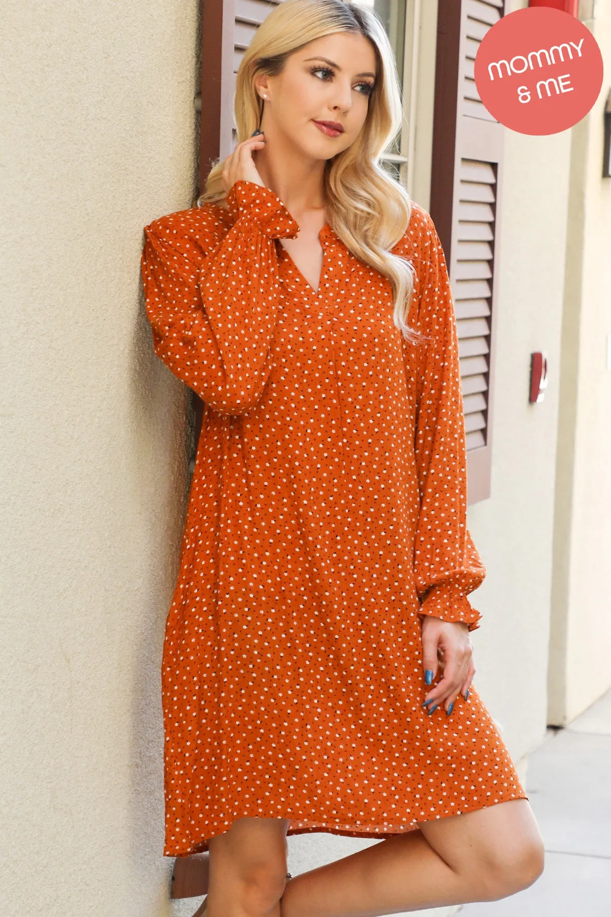 Collared Neckline Floral Long Sleeve Dress