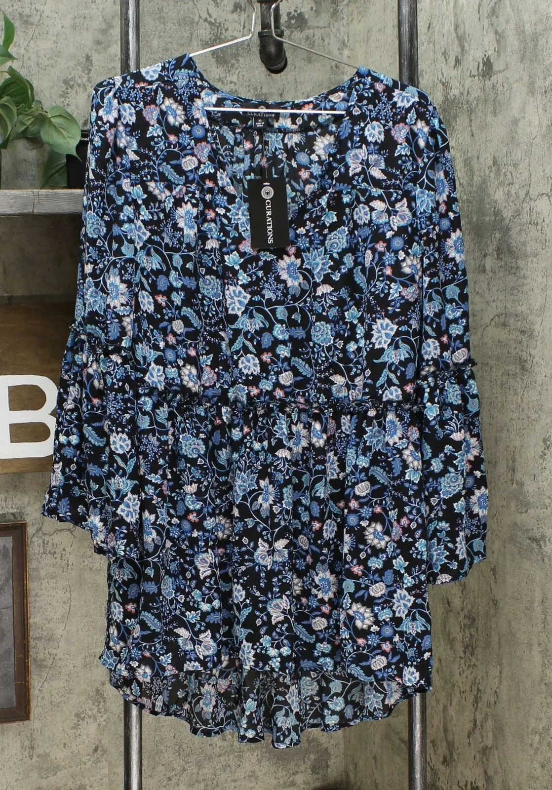 Curations Women's Floral Printed Bell Sleeve High Low Top