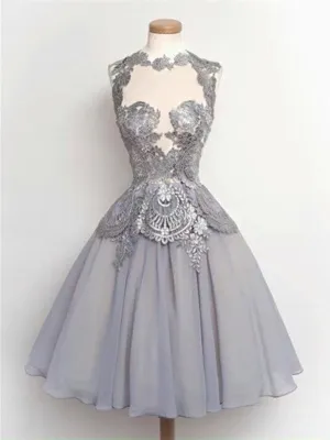 Custom Made High Neck Short Lace Grey Prom Dresses, Short Formal Dresses, Graduation Dresses