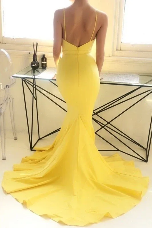 Daisy Yellow Mermaid Plunging Neckline Prom Dresses, Mermaid Yellow Satin Long Formal Evening Dresses