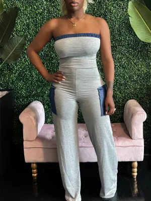 Denim Combo Strapless Jumpsuit