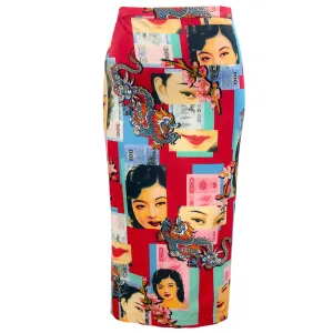 Dolce & Gabbana Vintage Red Printed Crepe Pencil Skirt