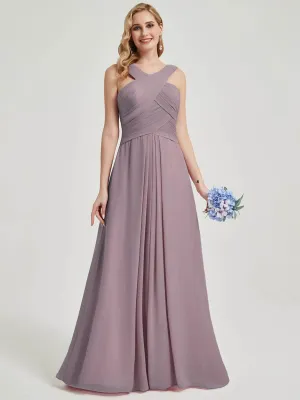 Dusk Cross Neck A-Line Pleated Floor Length Chiffon Bridesmaid Dresses