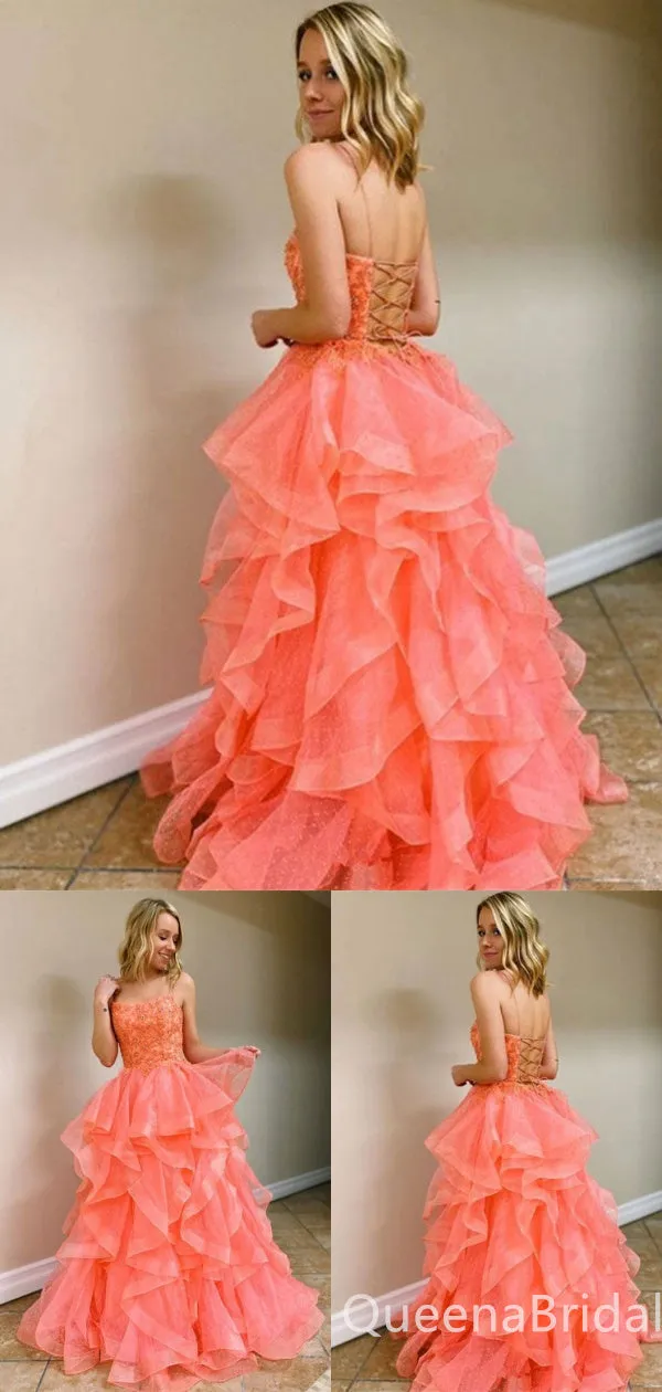 Elegant Orange Lace Appliques Lace Up Back Layer A-line Evening Gown Maxi Long Formal Dresses Prom Dresses with Ruffles,WGP896