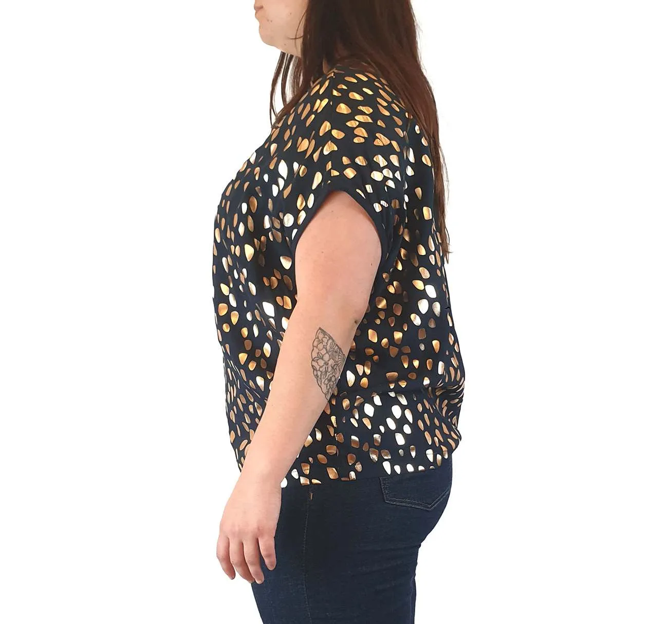 Elk black top with gold asymmetrical dot print size 14