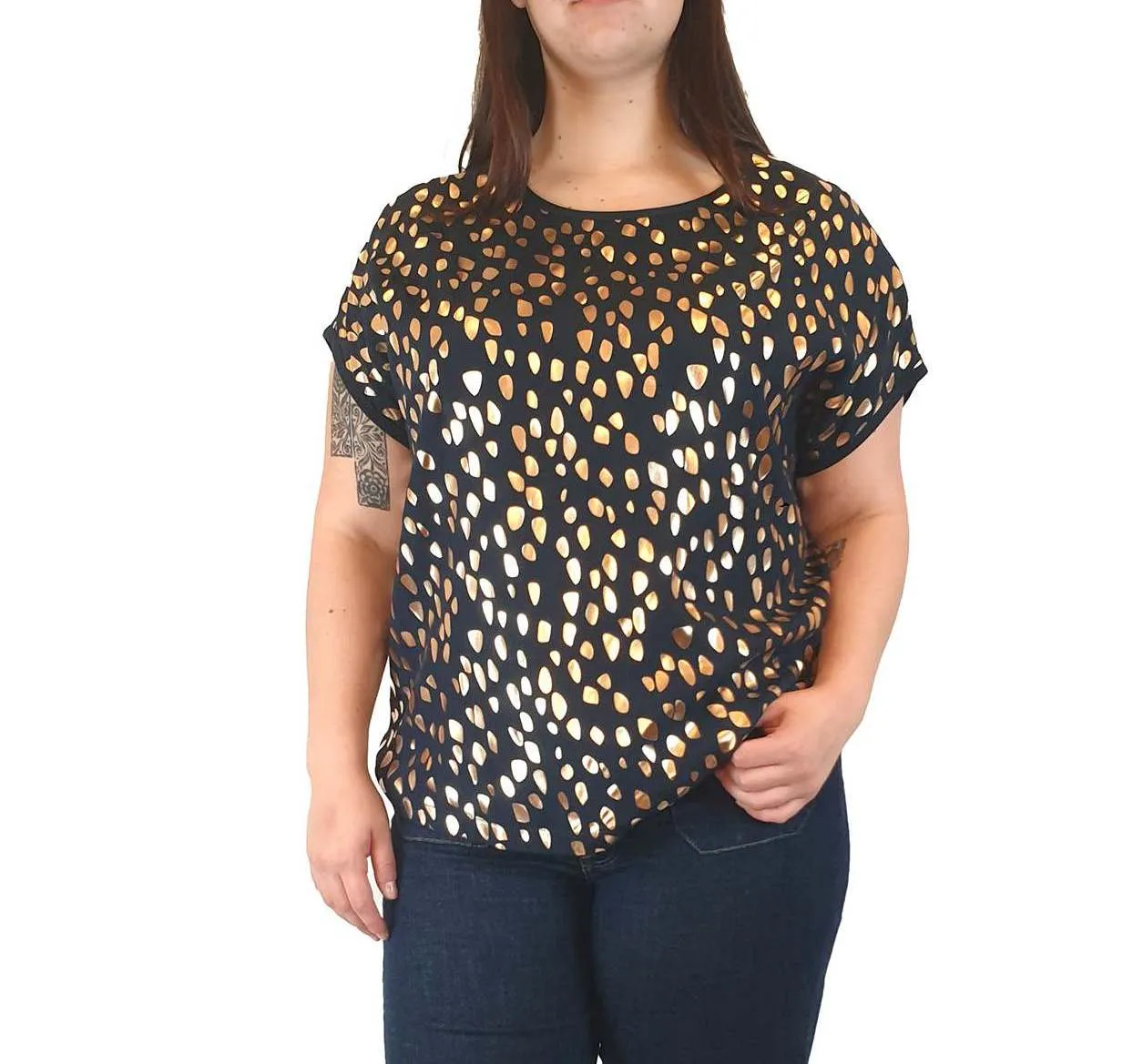 Elk black top with gold asymmetrical dot print size 14