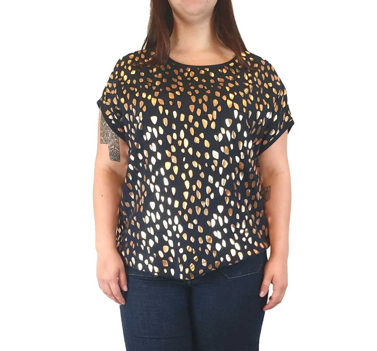 Elk black top with gold asymmetrical dot print size 14