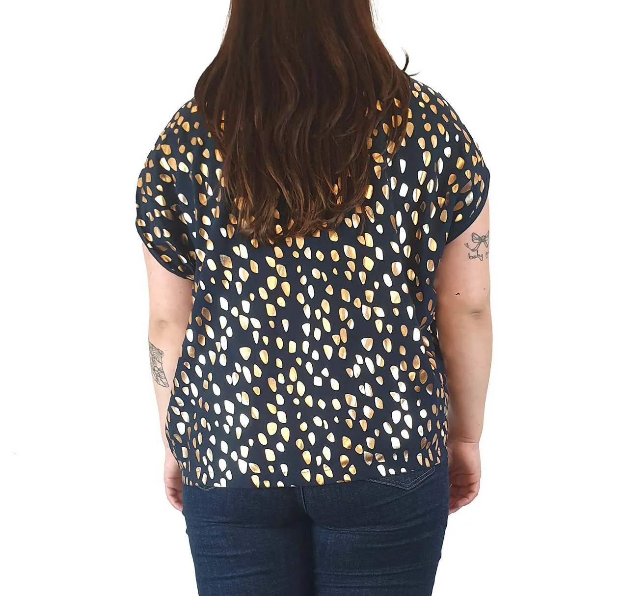 Elk black top with gold asymmetrical dot print size 14