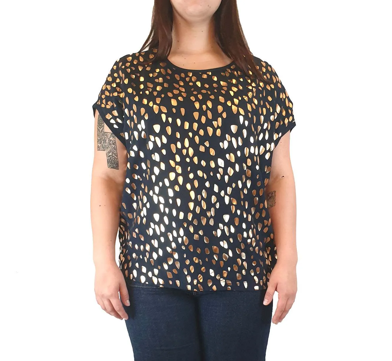 Elk black top with gold asymmetrical dot print size 14
