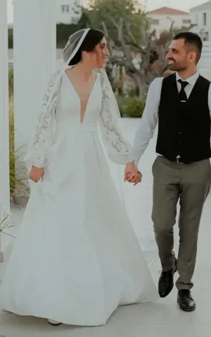 Ethereal A Line Plunging Neckline Satin Sweep Train Wedding Dress-716406